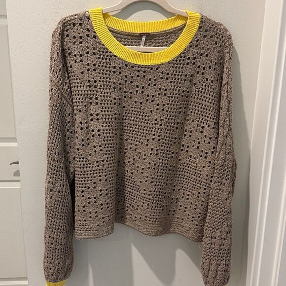 Free People Home Run Tan Crochet Knit Sweater with Yellow Trim size Small - Picture 3 of 11
